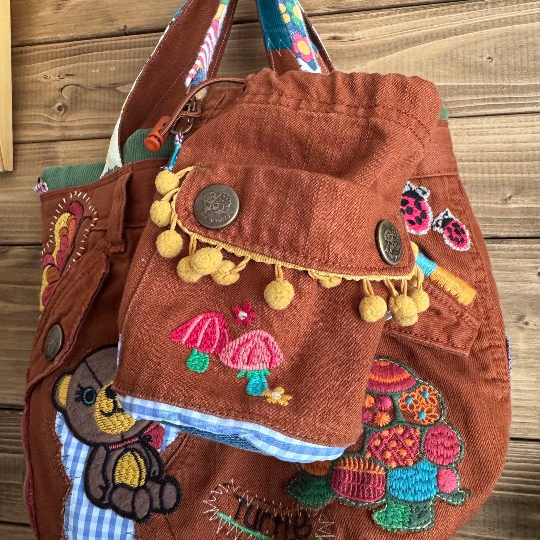 ハンドメイド デニムリメイク バッグ くまさん 楕円底 2way 55