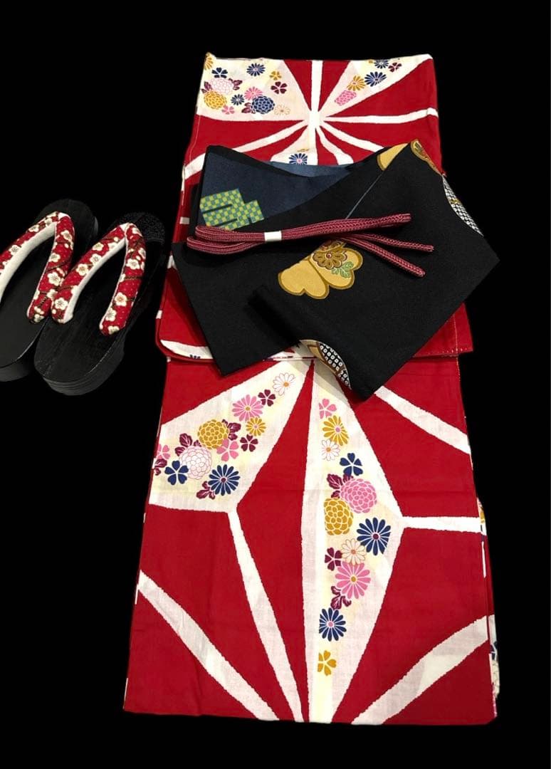 限定1☆浴衣 大正ロマン アンティーク 浴衣 麻の葉　猫 赤 白 黒猫