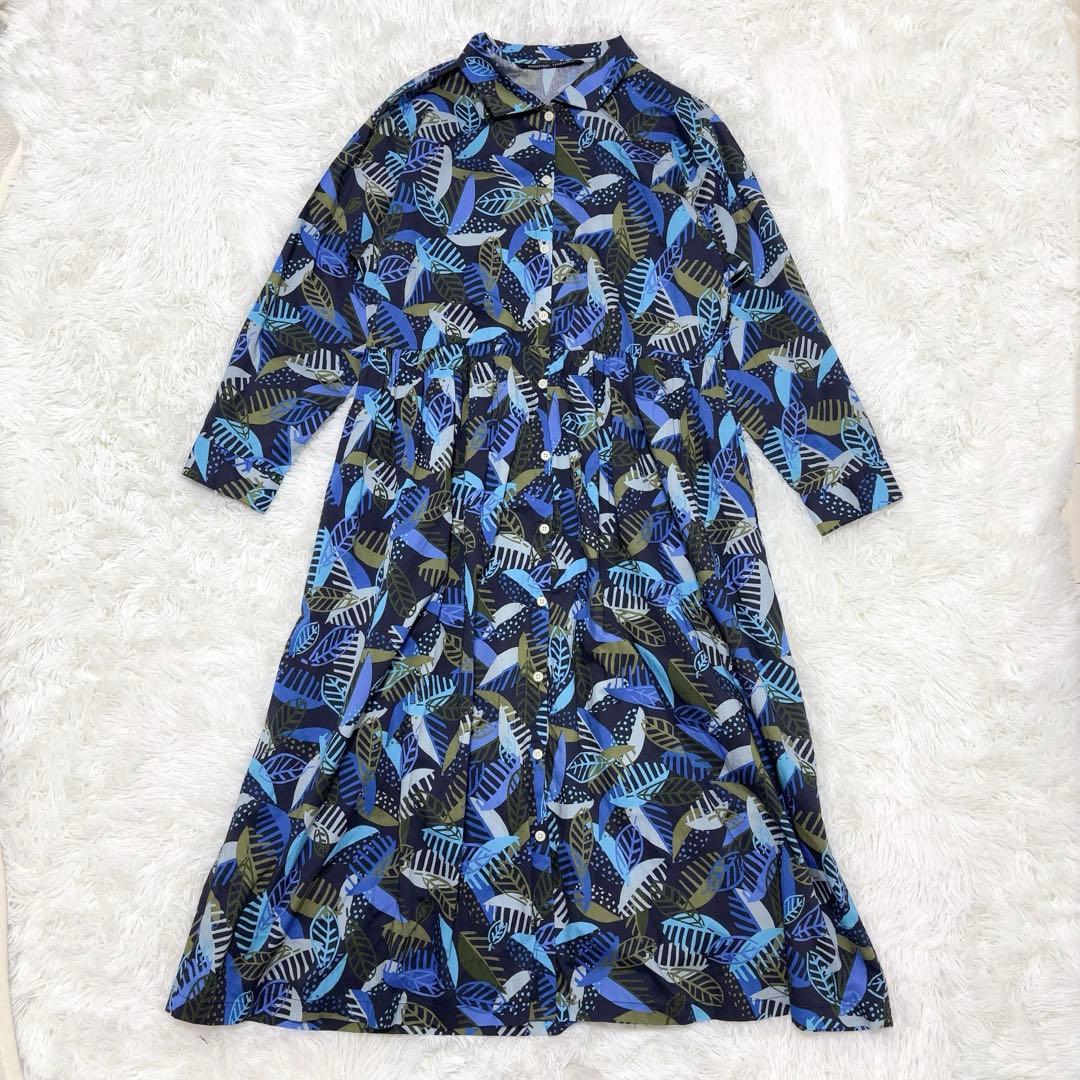 みなとのてんらんかい　総柄 シャツロングワンピース ボタニカル柄