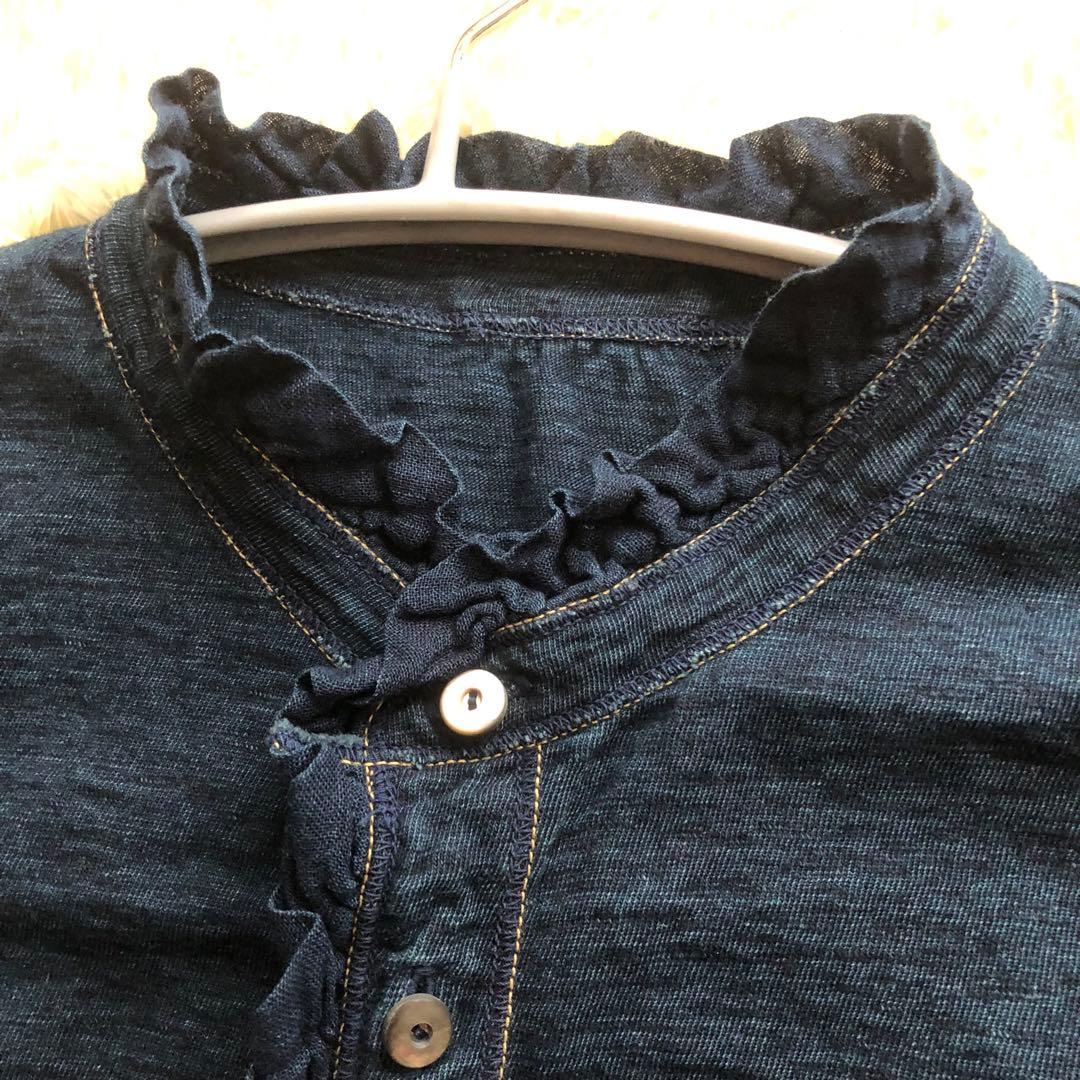 45R♪インディゴフリルカットソーブラウス　45R刺繍