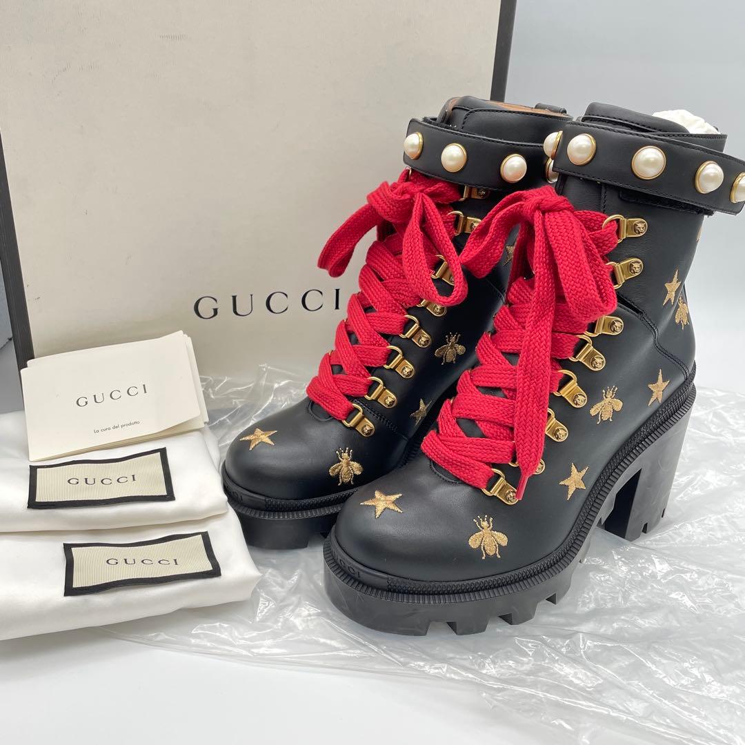【M52】美品　GUCCI グッチ　コンバットブーツ　ハチ　スター　レザー