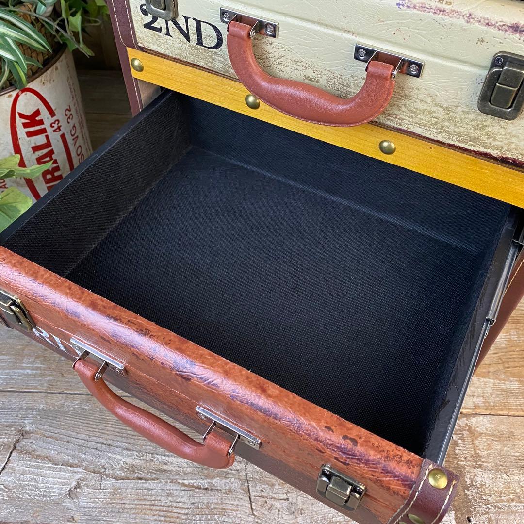 訳あり品！！アンティークビンテージ調レザートランクチェスト四段洋タンス収納木製