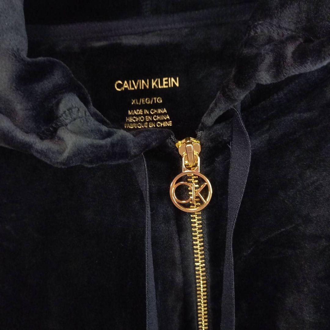 カルバンクライン　CK　ジップ　パーカー　長袖　レザー　ベロア　ロゴ　黒　XL