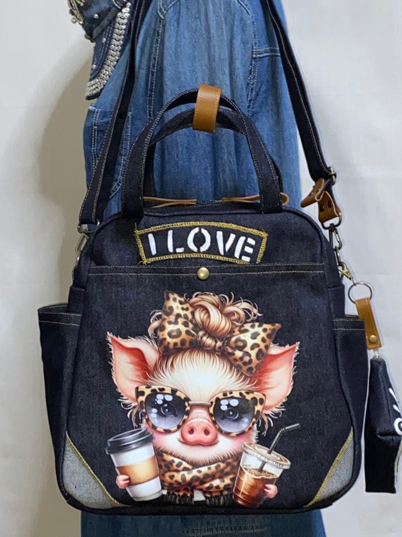 セール☆ハンドメイド☆岡山デニム☆ブタさん☆リュック対応☆4wayボストンバッグ
