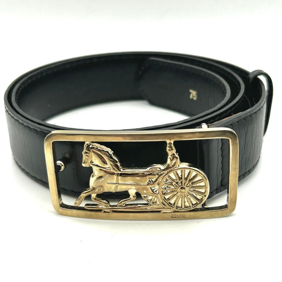 【美品】CELINE 馬車ロゴ バックル ベルト ブラック レザー レディース