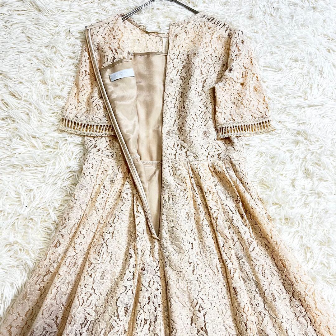 美品✨セルフォード 総レース ロングワンピース 花柄 フレア 半袖 ベージュ