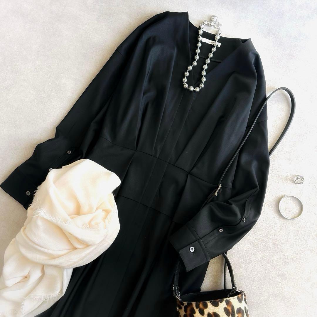 美品▲LE PHIL ル フィル//タック ロングワンピース▲ブラック　黒