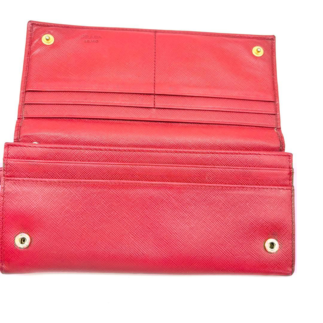 【美品】PRADA　長財布　サフィアーノレザー　三角ロゴ　赤　ゴールド　二つ折り