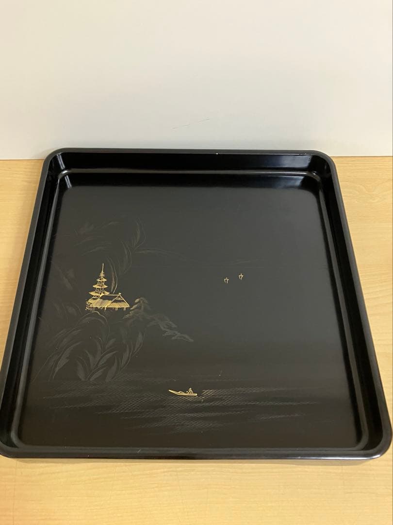 【茶道具 懐石膳 木製黒塗 沈金 山水蒔絵 10枚揃 四方膳 】天然木製 懐石盆