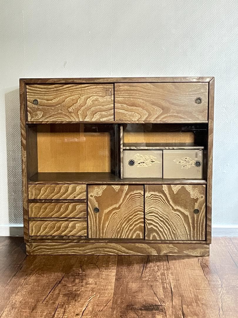 【昭和レトロ】茶ダンス｜収納棚｜ガラス戸付き｜キズあり｜木目調｜ヴィンテージ家具