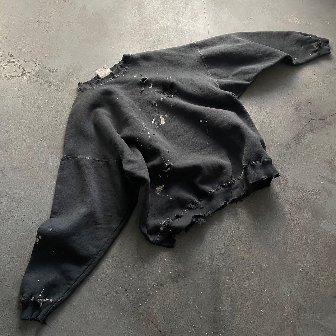 80s 万国旗“adidas”墨黒“XL“USA製“ペンキ”boro sweat