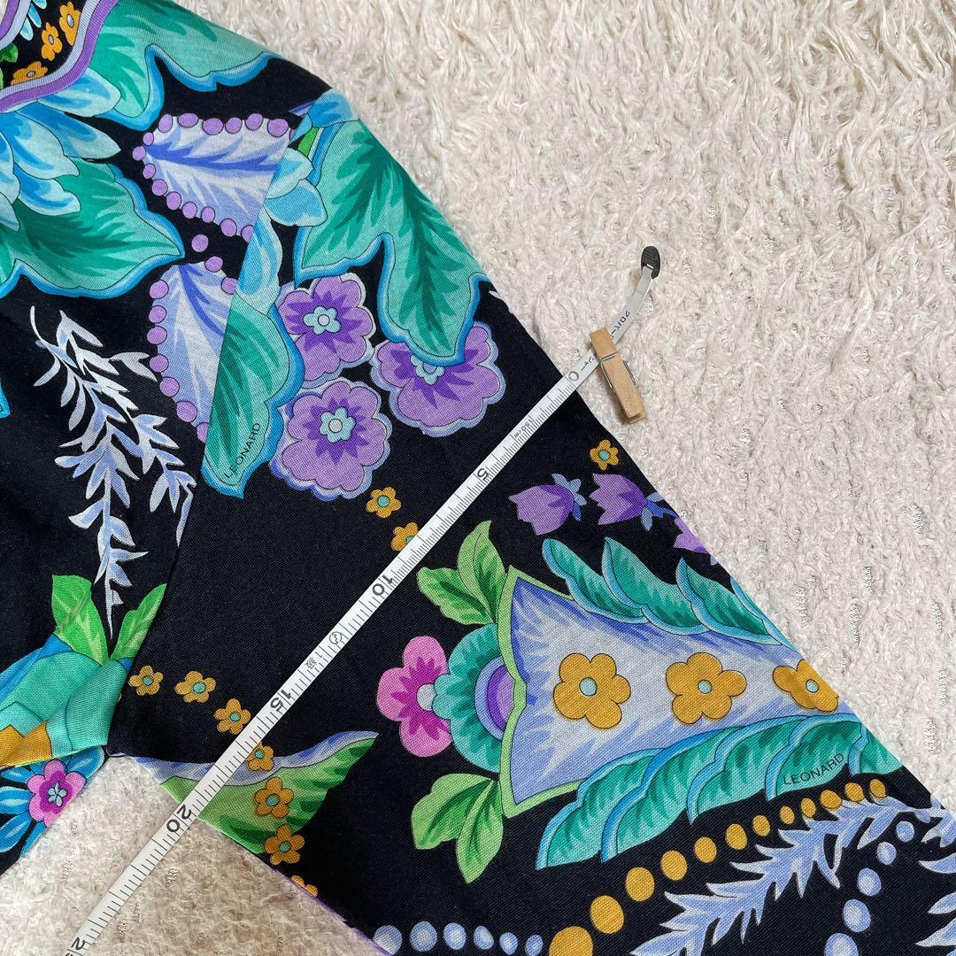 【美品】レオナール カーディガン 花柄 トリム ロゴボタン ウール シルク M