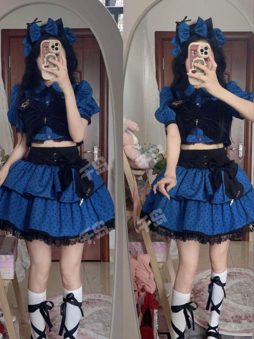 水玉 ビスチェ スカートセット ゴスロリ ロリータ アイドル衣装 青黒