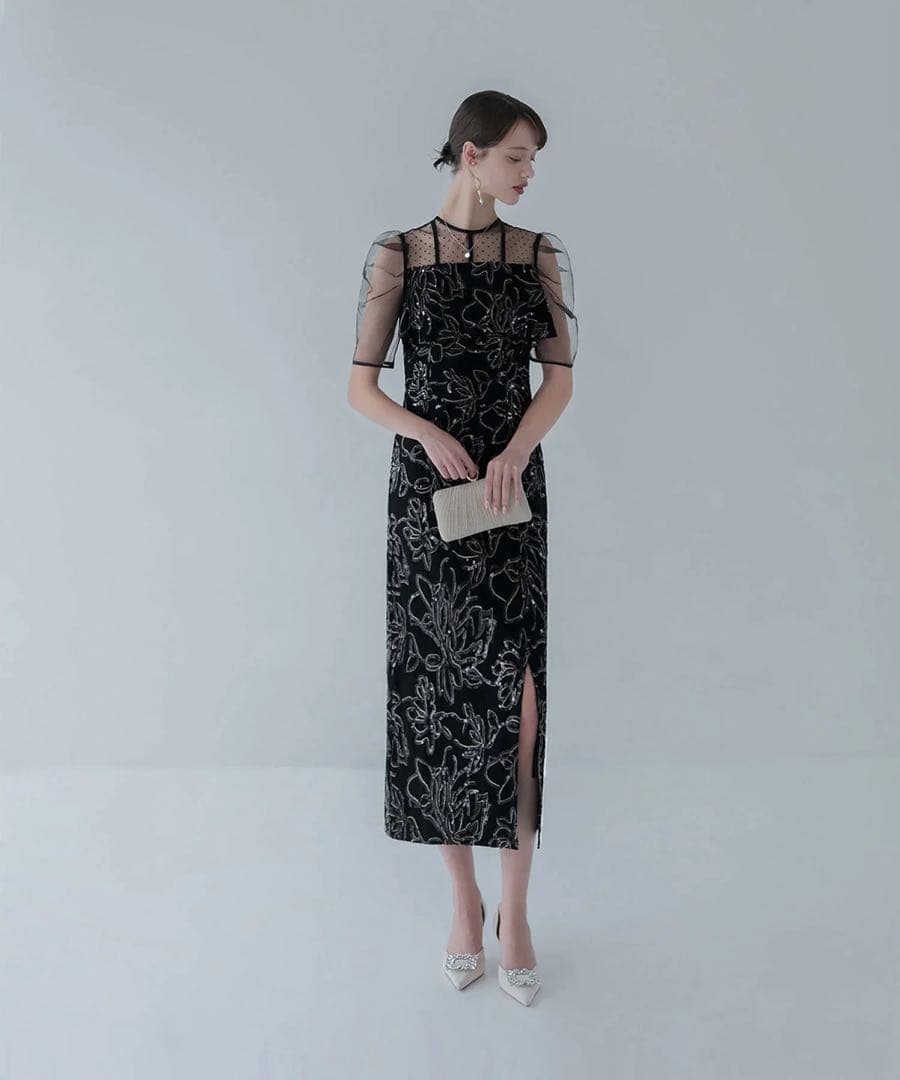 ドットチュールフラワースパンコールIラインワンピースドレス結婚式パーティー成人式