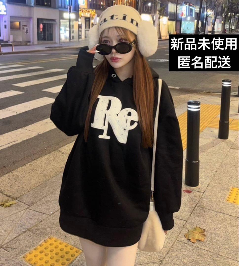 NICE CLAUP キルティングロゴゆるパーカー ブラック