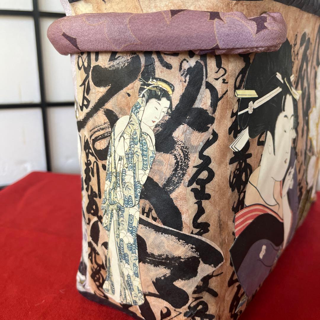 歌麿 浮世絵 美人 一閑張り バッグ かごバッグ ハンドバッグ 正絹 花 特大