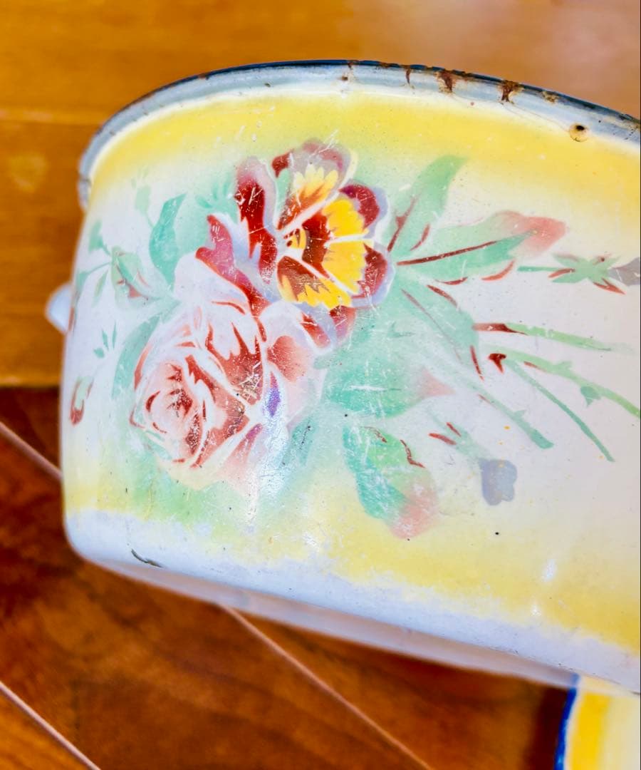 フランスアンティーク ホーロー パンジーの小さなお鍋 イエロー