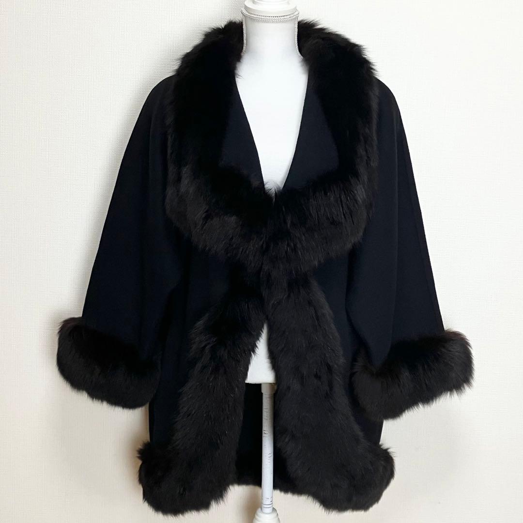 伊太利屋　イタリヤ ファーウールコート　毛皮 ブラック　大きめサイズ11 黒