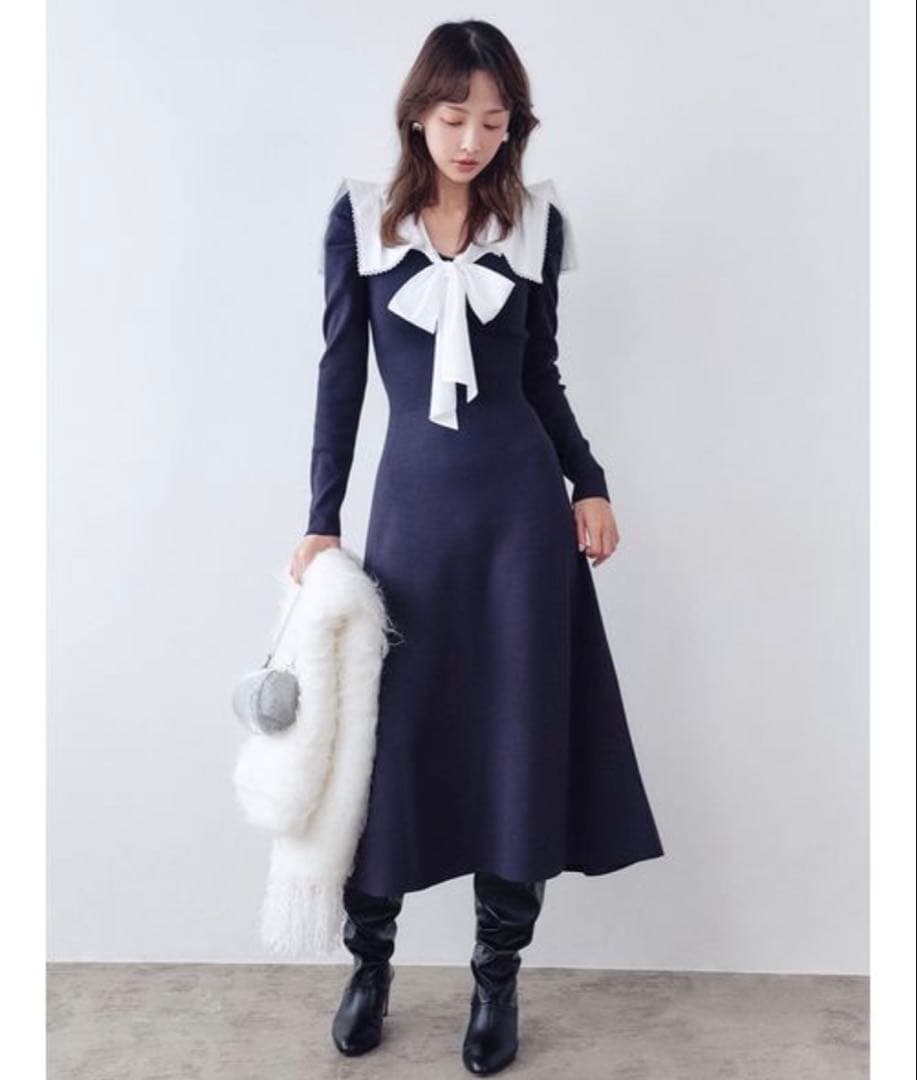 【タグ付き】スナイデル　セーラーカラーニットワンピース　ネイビー