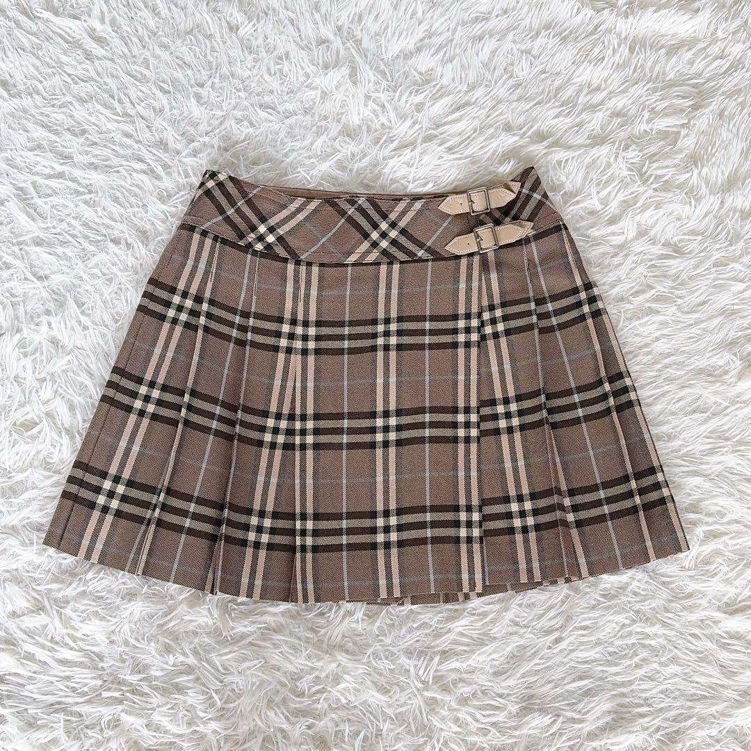 【バーバリーブルーレーベル】ベルト付きラッププリーツスカート ノバチェック 36