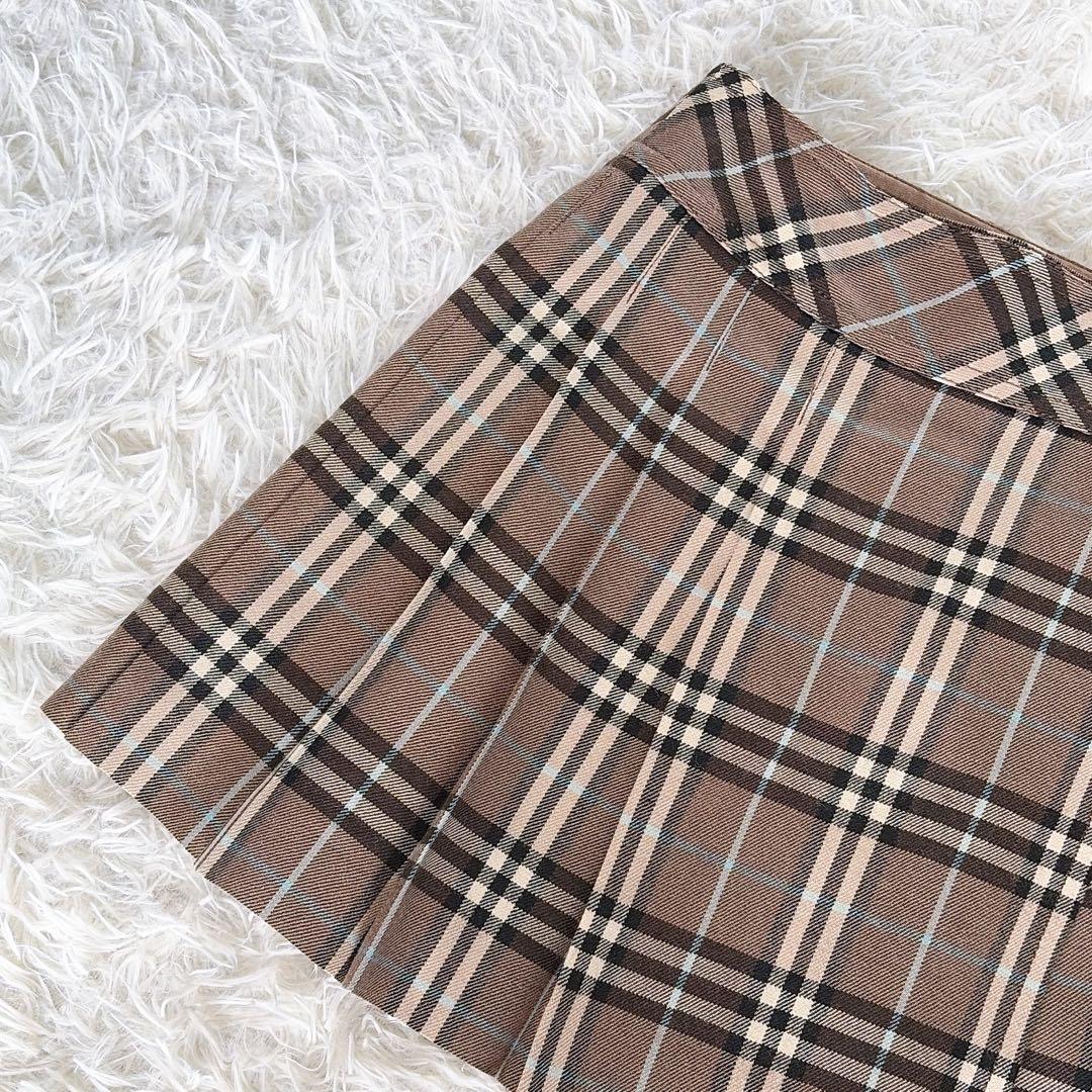 【バーバリーブルーレーベル】ベルト付きラッププリーツスカート ノバチェック 36