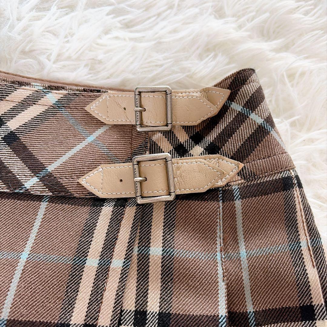 【バーバリーブルーレーベル】ベルト付きラッププリーツスカート ノバチェック 36