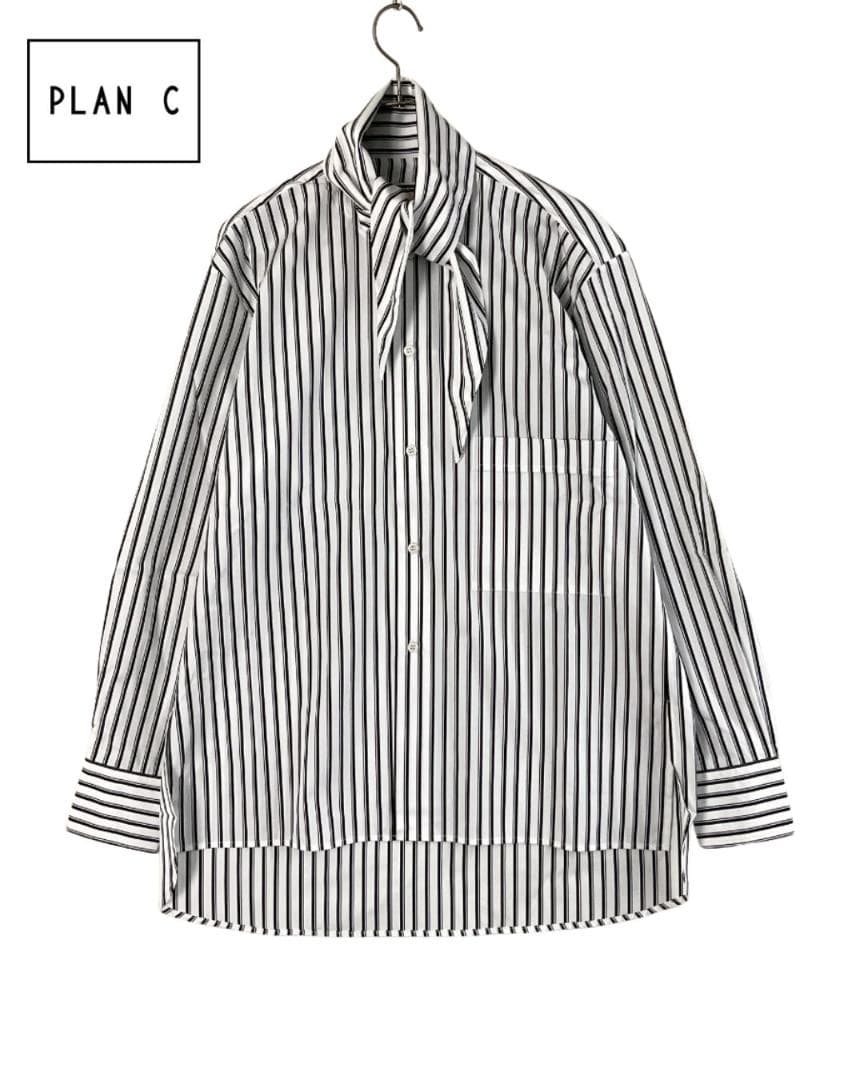 【新品】Plan C ストールドッキングノーカラーストライプシャツ 42