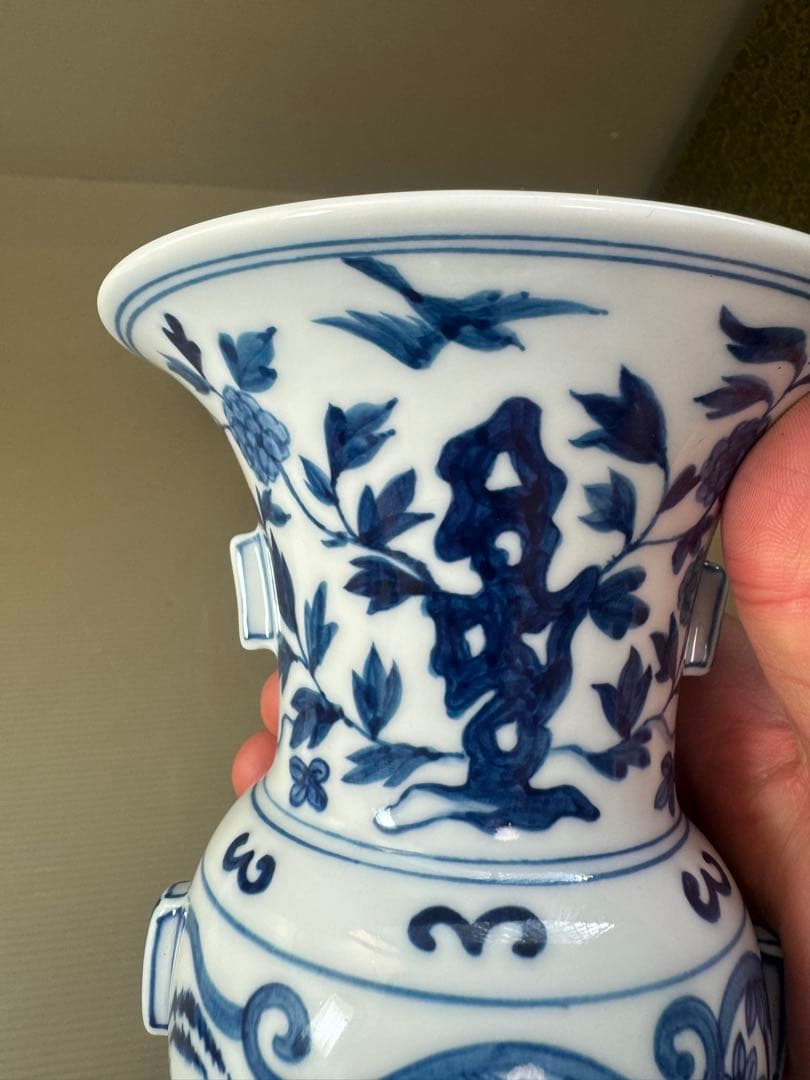 2903 中国骨董　大明萬暦年製銘　染付唐草青花　花瓶　花台付　時代物