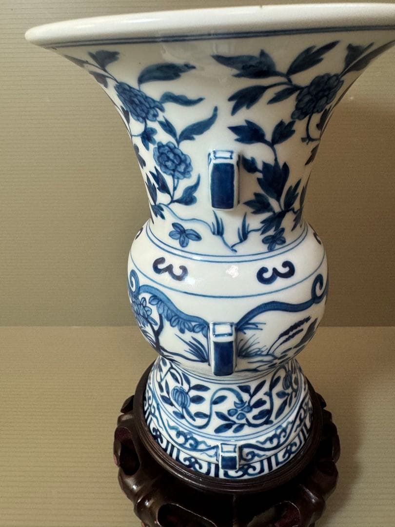 2903 中国骨董　大明萬暦年製銘　染付唐草青花　花瓶　花台付　時代物