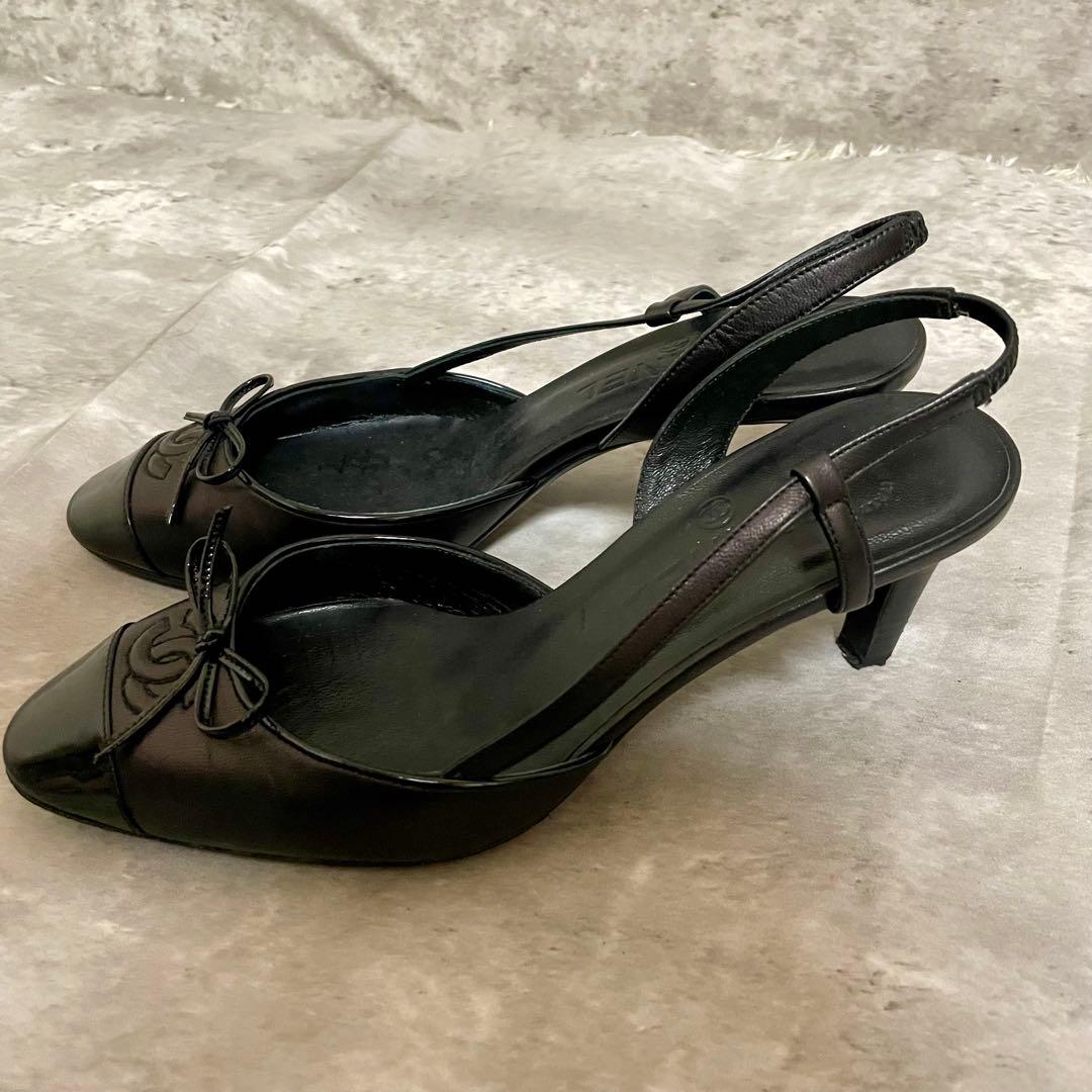 箱あり CHANEL シャネル バックスリング リボン ブラック ヒール