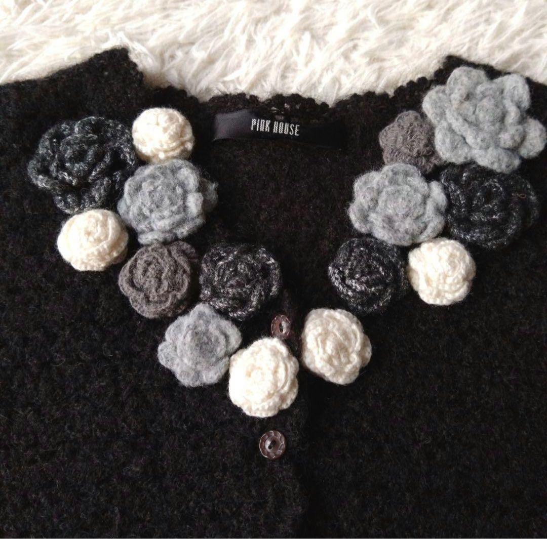 美品　PINK HOUSE モヘア混　花モチーフ 長袖カーディガン