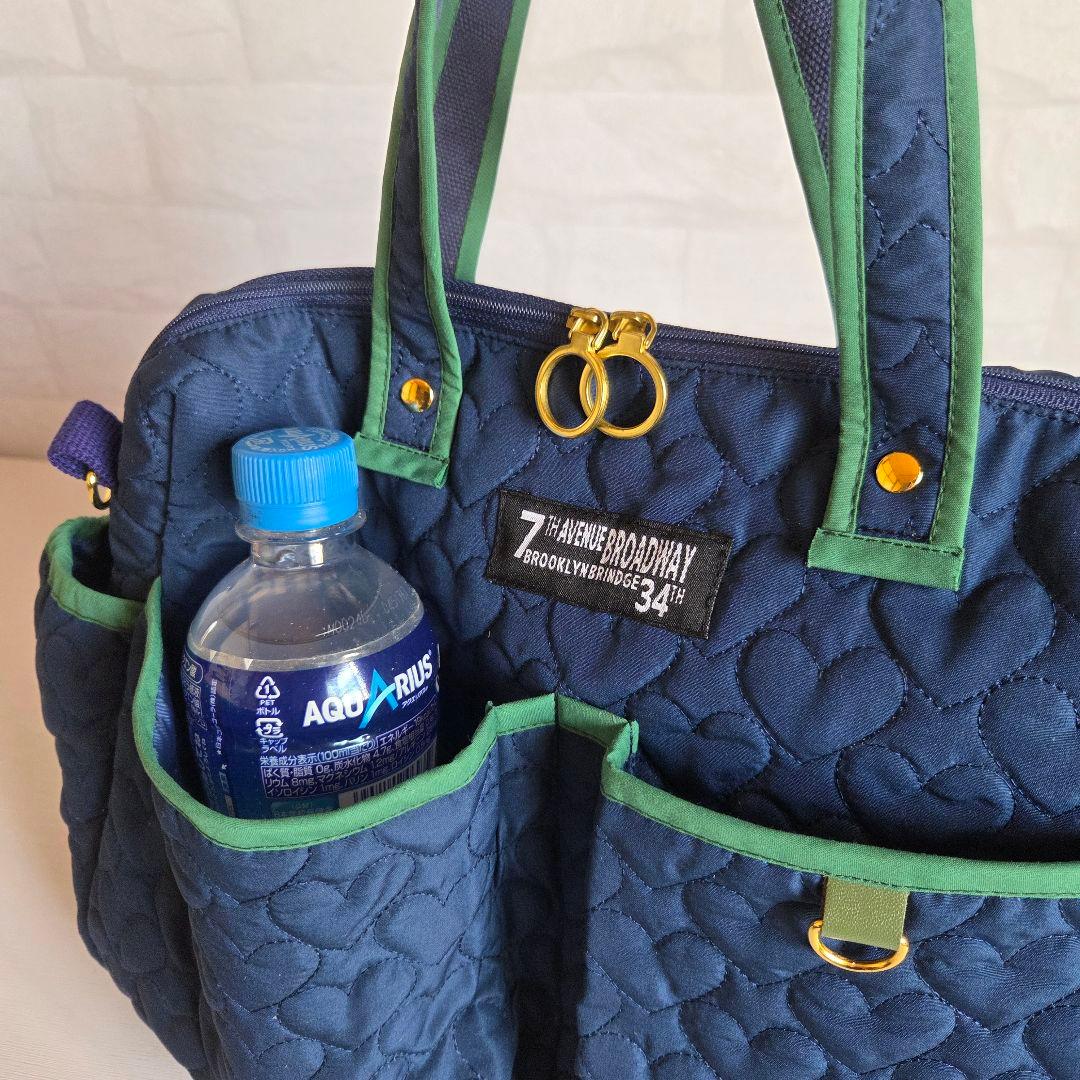 マチャ抹茶様　ポケットいっぱいトートバッグ(L)　ネイビー×グリーン