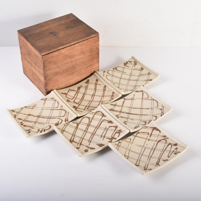 織部焼　四方皿　銘々皿　六客　在銘　共箱　C　6961