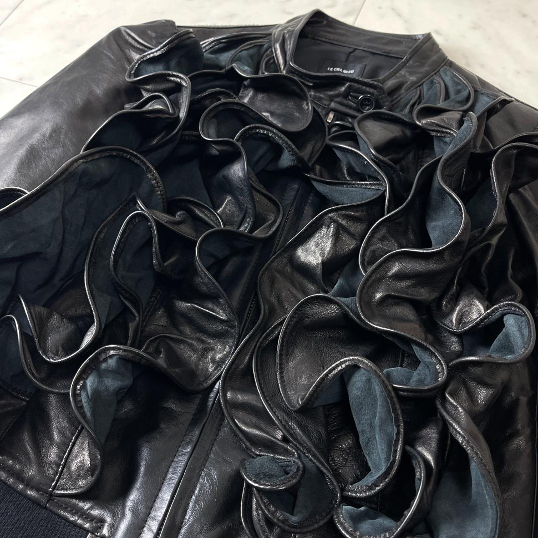 LE CIEL BLEU ラムレザー ジャケット 38 ノーカラー フリル 本革