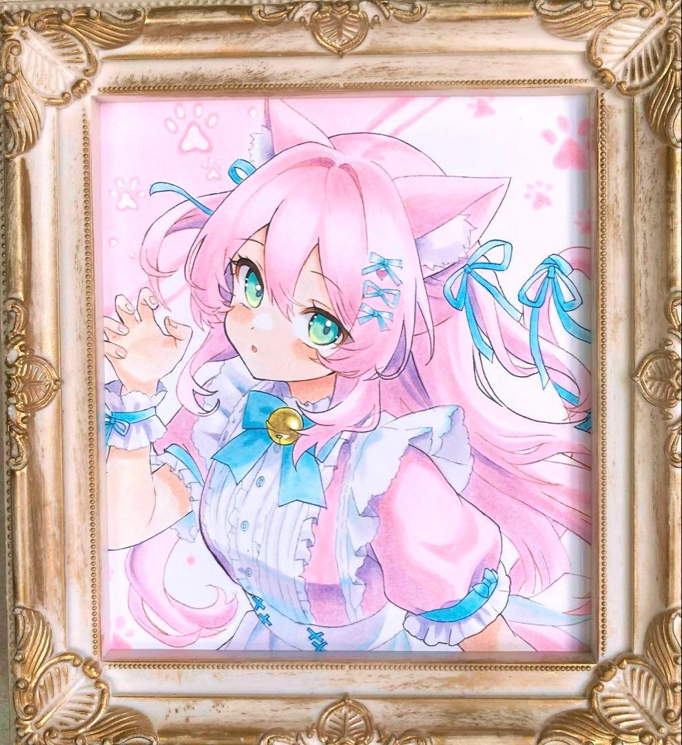 h*☆様 手描きイラスト.オリジナル.ピンク猫娘.アナログ.小色紙