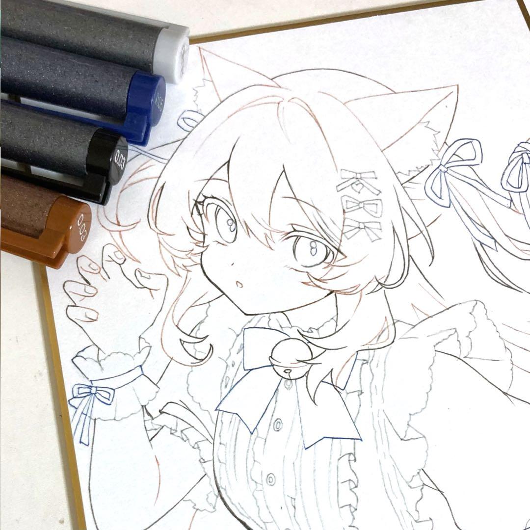 h*☆様 手描きイラスト.オリジナル.ピンク猫娘.アナログ.小色紙