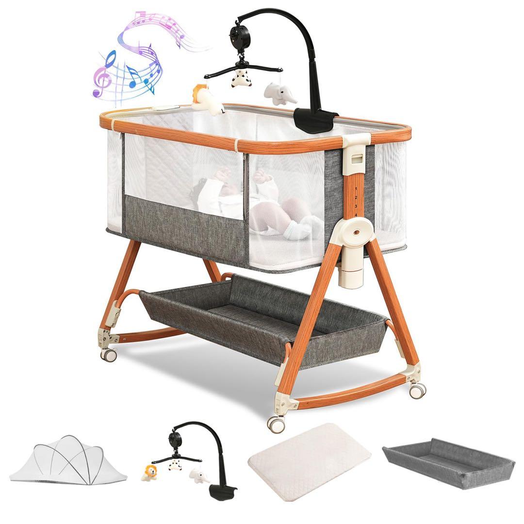 組み立て簡単♥️ベビーベッド 木色 多機能 高さ調整可能 キャスター付き 蚊帳付き