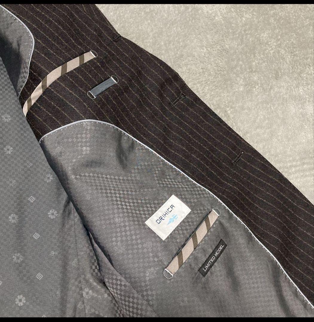 【美品】オリヒカ　スーツ　REDA イタリア製生地　ストライプ　ブラウン　XL