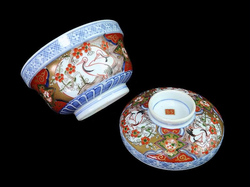 古伊万里　金襴手　双鶴に梅花の図　大振蓋茶碗　2客　D747AS-CHr