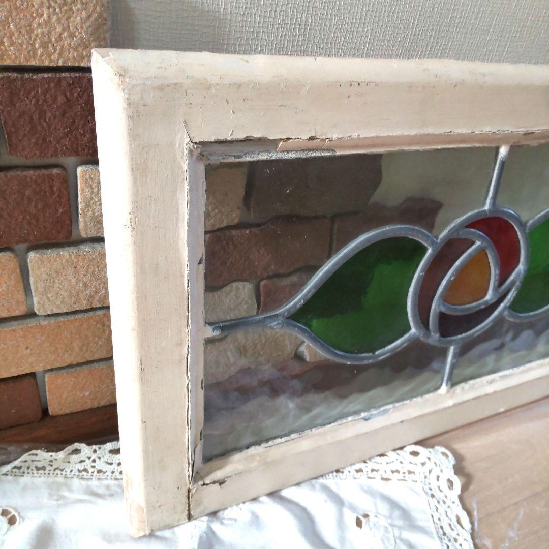 アンティーク　ステンドグラス　窓枠　イギリス　希少　ローズ柄
