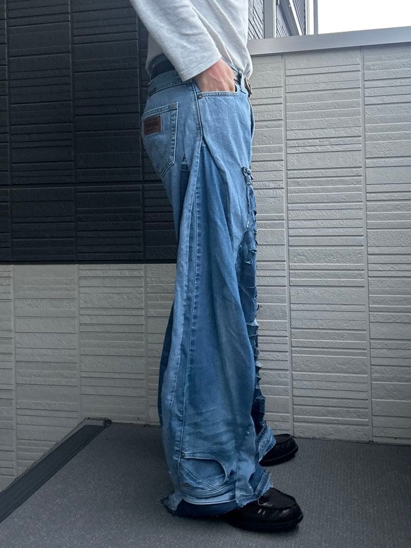 【再構築】リメイクデニム ワイドパンツ ハードダメージ加工 ボロ パッチワーク