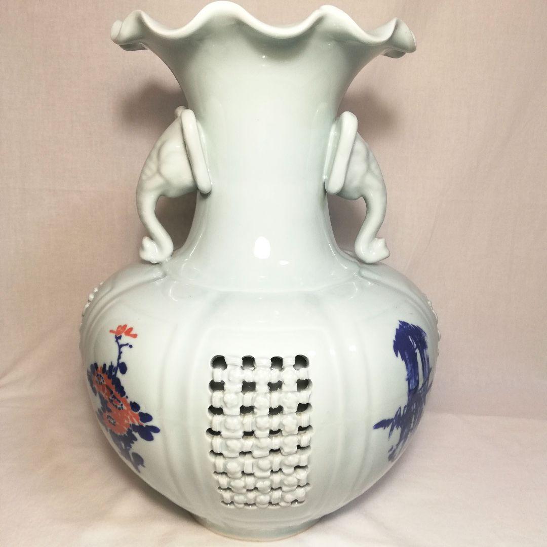 趙京 網目透かし象耳大花瓶 花器 高麗青磁 青白磁 フラワーベース 花入 置物