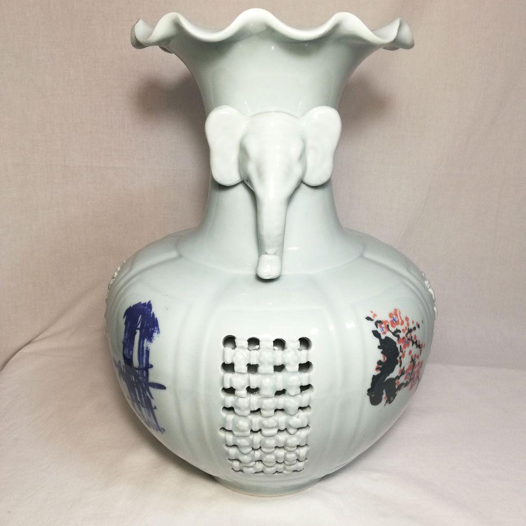 趙京 網目透かし象耳大花瓶 花器 高麗青磁 青白磁 フラワーベース 花入 置物