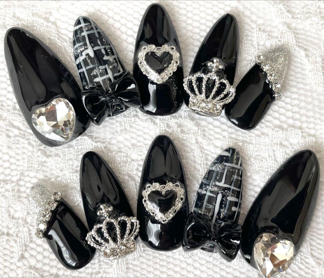 2780円SALE  オーダーネイルチップ　地雷量産ライブフレンチツイード黒