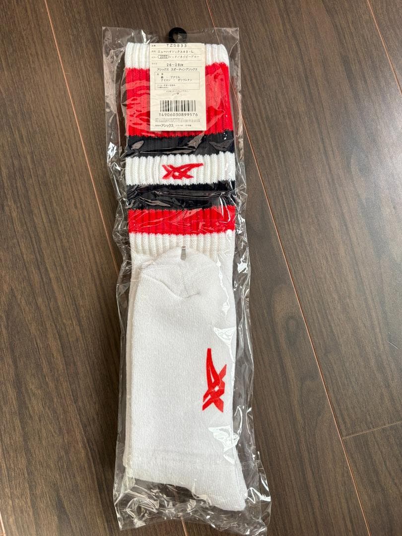 【新品】アシックス　ハイソックス　赤/紺ライン(26～28cm)