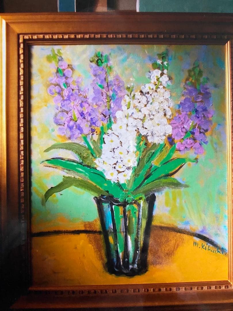 絵画　油絵　油彩画　「ストック」F12 菊地正則　美品　額付き　装飾品　送料無料