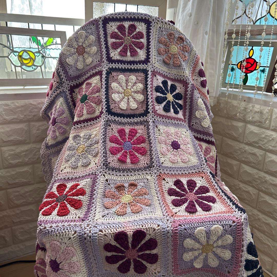 デイジーモチーフ 手編み ブラケット マルチカバー モーブカラー コットン毛糸