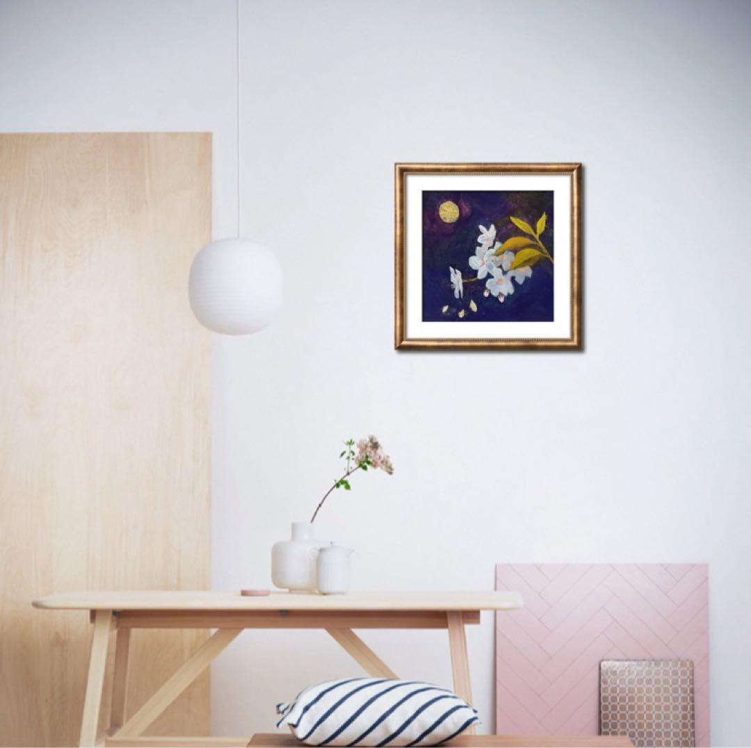 油彩画　「　月と桜　」金箔 原画　額付