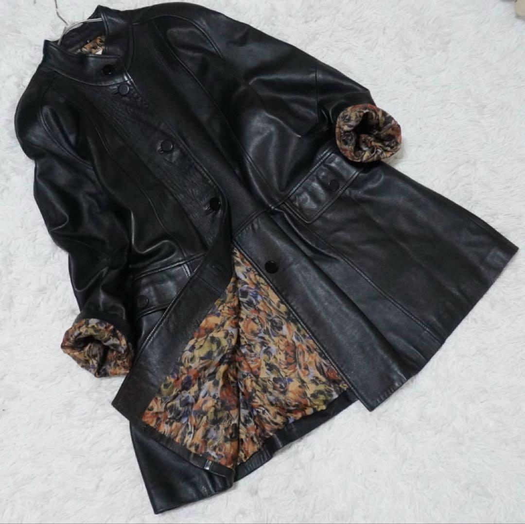 美品 ピエールバルマン ラムレザーロングコート 羊革 本革 派手裏地 黒