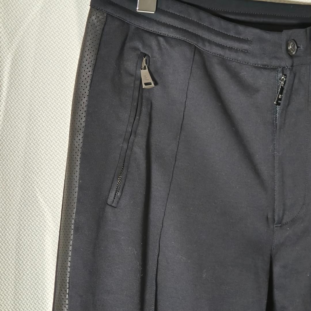 ⑳ ラルフローレンパープルレーベル 伊製 ラムレザー側章 トラックパンツ 黒